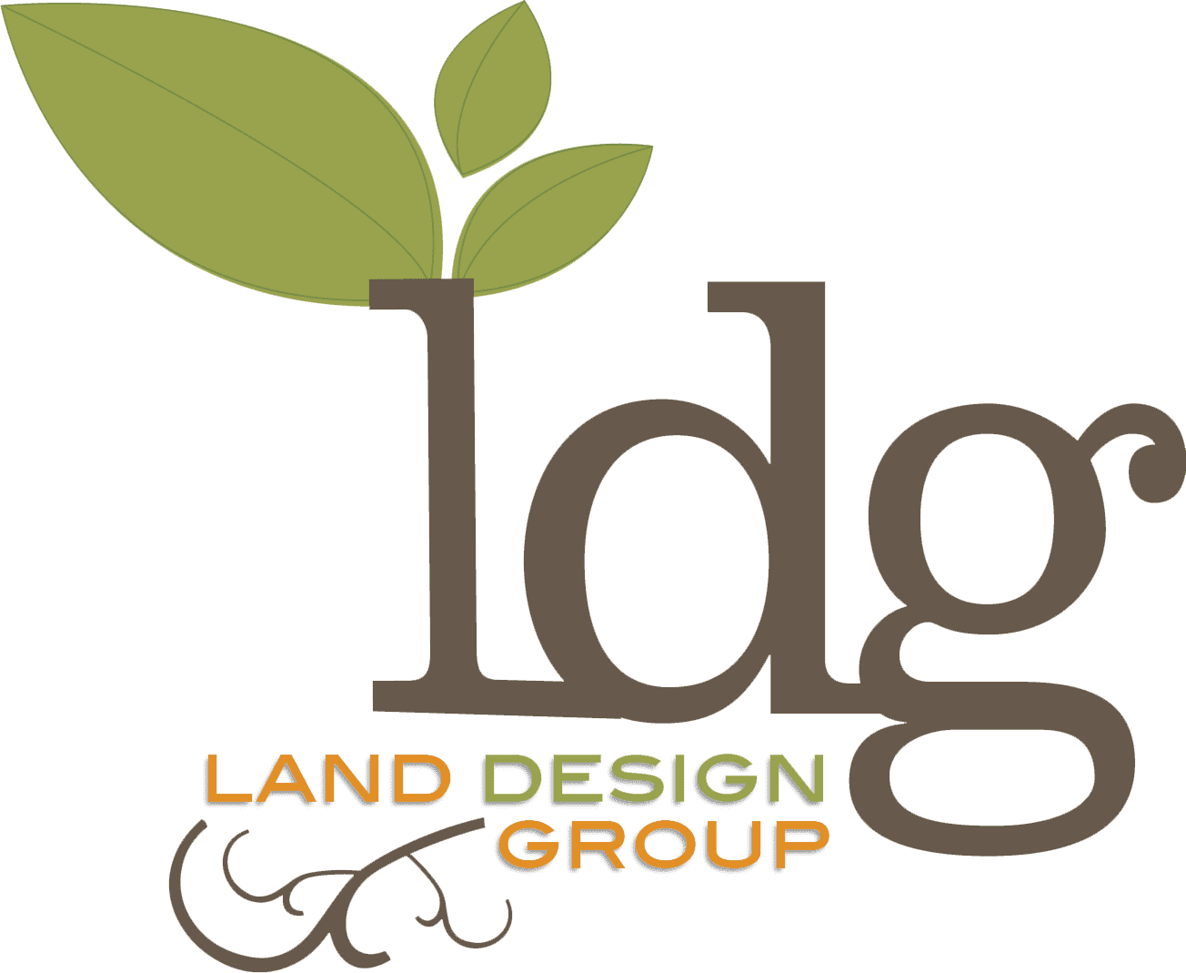 LDGLOGOFINAL-transparent-2 Logo for Land Design Group with the initials "ldg" and a leaf design. The text "LAND DESIGN GROUP" is written below in orange and yellow capital letters.